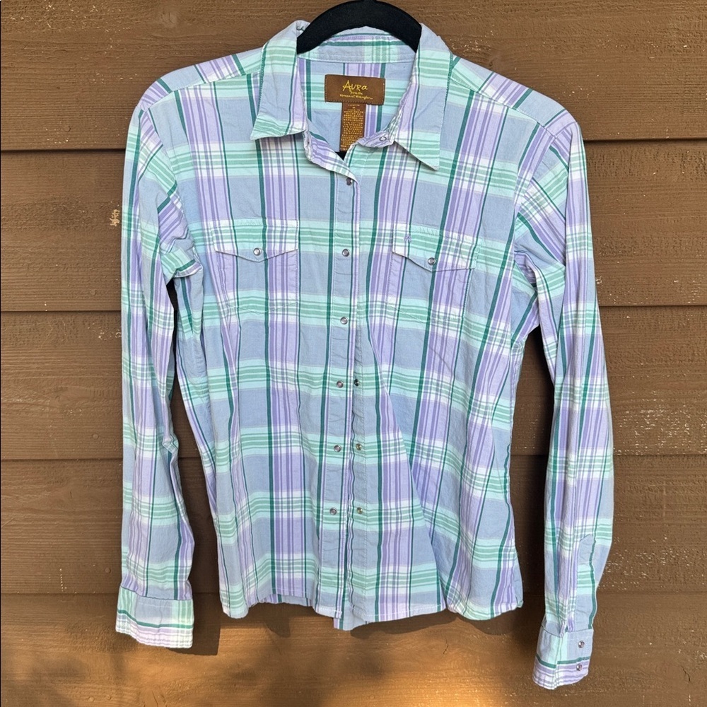 Aura by Wrangler Purple and Green Plaid Long Sleeve Shirt size M